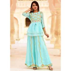 Ensemble Lehenga A-Line Turquoise Fait Main Exclusif Taille XS Taille Empire Imprimé Floral Tissu Organza - Product Image 1