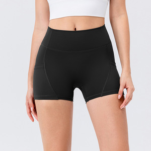 Shorts de fitness taille haute pour femmes européennes et américaines, couleur pêche unie, respirants, avec fermeture élastique à la taille, pour la course à pied, nouveauté - Product Image 5
