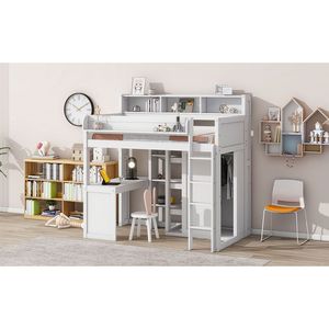 Letto a soppalco in legno bianco per bambini, singolo, con ripiani multipli e armadio - Product Image 3