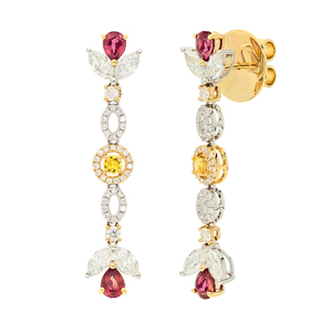 Pendientes de lujo para mujer, de oro de 18 quilates con diamantes en forma de flor, rubíes con corte de pera y diseño de gota con gemas amarillas para boda - Product Image 2
