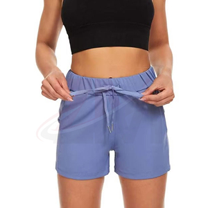 Shorts tricotés taille haute pour femmes, couleur unie, avec cordon de serrage, taille élastique, style sportif, violet, séchage rapide, poches - Product Image 4