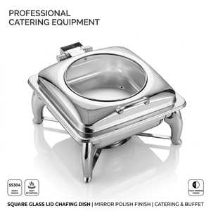 SS304 Square Casseroles Glass Lid Buffet <b>Server</b> Stainless Steel Eco-Friendly 33cm Diameter Catering <b>Food</b> Warmer for All Stoves - Product Image 1