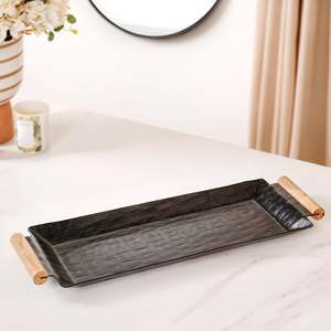 Plateau rectangulaire en métal poli avec poignée en bois, 19x6 pouces, en aluminium résistant à la rouille, construction durable, compatible lave-vaisselle, écologique - Product Image 1