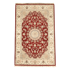 Tapis oriental fin à motifs floraux noué à la main en laine rouge multicolore 10'x14' à poils ras avec envers en coton pour salon - Product Image 1