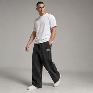 Pantalon de jogging ample pour homme, taille élastique avec cordon de serrage, en molleton de coton délavé, décontracté, avec logo personnalisé, respirant sur la jambe droite - Product Image 2