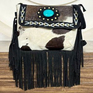 High Quality <b>Boho</b> Women's Western Style Fur Suede Leather Fringe Shoulder <b>Bag</b> With Turquoise Stone New Logo Print Hide Design - Product Image 4