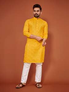 Vente en gros de kurtas et pyjamas traditionnels pour hommes en coton multicolores à manches longues, brodés, pour Diwali, mariage et occasions festives - Product Image 3