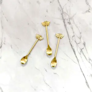 Golden Brass Half Embossed Ribbed Handle with honey bee end handle design Dessert spoons for restaurant wedding