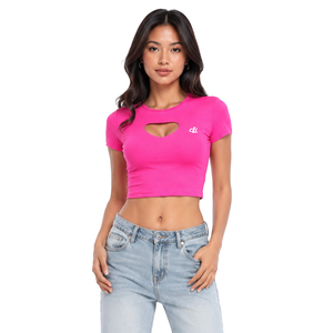 Camiseta corta de alta calidad con abertura frontal, logotipo personalizado, diseño hueco, para mujer, de algodón tejido, color liso, ajustada, estilo baby tee, para verano. - Product Image 1