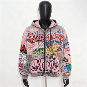 Men's Oversized Hooded Sweatshirt Yellow Hand Embroidered Cartoon Car Design Zipper Front Streetwear Autumn Wear - Product Image 4