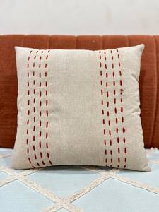 Handcrafted Minimalist Kantha Stitch Embroidery Square Cotton <b>Cushion</b> <b>Cover</b> with Anti-Dust Mite Feature in Beige and Red - Product Image 1
