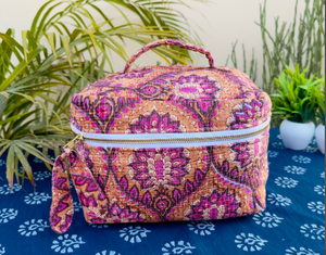 Handmade Quilted <b>Vanity</b> bag 100% Cotton Quilted Block Printed Wash Bag Vintage Boho Floral <b>Makeup</b> Bag For Women India Zippered - Product Image 4