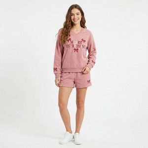 <b>Women's</b> <b>Christmas</b> V Neck <b>Sweatshirt</b> Shorts Set Embroidered Letter Monogram 2 Piece Casual Outfit - Product Image 2