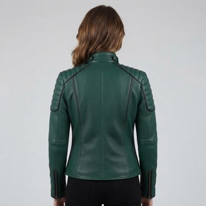 Chaqueta de Motociclista de Cuero Genuino para Mujer, Color Verde y Negro, Manga Larga, Cierre de Cremallera, Cuello Alto, Abrigo de Motociclista, Ropa de Abrigo para Otoño - Product Image 5