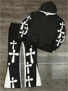 Ensemble de survêtement unisexe noir OEM en gros, avec capuche, fermeture éclair, manches longues, broderie étoile croisée, style streetwear décontracté - Product Image 3