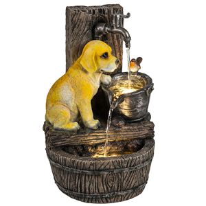 Fontaine de jardin extérieure en résine marron rustique de 22 pouces avec lumières LED, débit réglable, 3 niveaux, thème chiot - Product Image 1