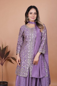 Elegant Chinon Silk Shimmer <b>Sequin</b> Tunic Multi <b>Flare</b> Palazzo Pants Heavy Scarf Pack Girls Three Piece Boutique Suit - Product Image 5
