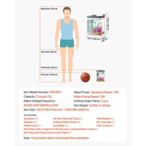 Aquarium carré en verre ultra-transparent de 2 gallons avec LED, surveillance de la température à 7 couleurs, éclairage réglable, auto-nettoyant - Product Image 2