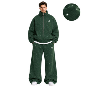 Boutique Fashion Custom Green Rhinestone Oversized <b>Zip</b> <b>Up</b> Hoodies Baggy Joggers <b>Men</b> Heavy <b>Fleece</b> Cotton Stand Collar Jacket Sets - Product Image 1