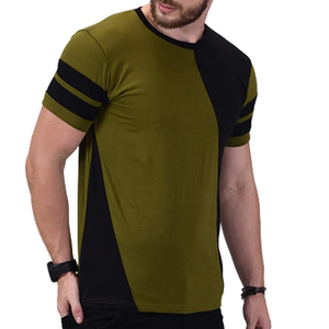 เสื้อยืดคอกลมแขนสั้นผู้ชาย สีเขียวมะกอก-ดำ ตัดต่อสี ดีไซน์ขอบตัดกันแบบลำลอง ผ้าถัก - Product Image 1