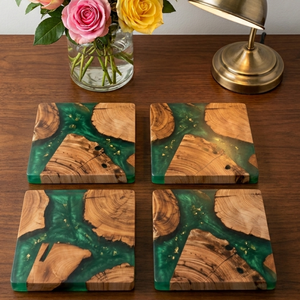 Bela Artisan Handmade Modern Papdi Wood Resin Coasters <b>Set</b> of 4 Natural Wood Epoxy Drink <b>Square</b> Decorative Tableware - Product Image 1