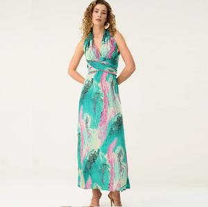 เดรสยาวผูกหลังแบบมีสายไขว้สำหรับผู้หญิง พร้อมลายพิมพ์ดอกไม้ คอแบบผูก สายคล้องคอ ทรงพลิ้วไหว คละสี - Product Image 1