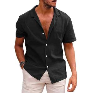 Camisa de Hombre con Cuello en V y Botones, 100% Algodón Tejido, Casual, Manga Corta, para Verano y Playa, Teñida, Corte Regular, 280gsm - Product Image 1