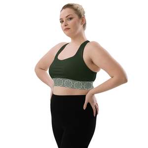 Soutien-gorge de sport pour femme grande taille, dos nageur, col ras du cou, maintien moyen, vert uni avec bordure à motif, haut de sport pour fitness et entraînement - Product Image 1