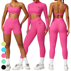 Conjunto de Yoga de 2 Piezas para Mujer, Cintura Alta, Sin Costuras, Color Sólido, Top Corto con Mangas Largas y Leggings con Tirantes Cruzados, Cuello Alto, Rosa - Product Image 1