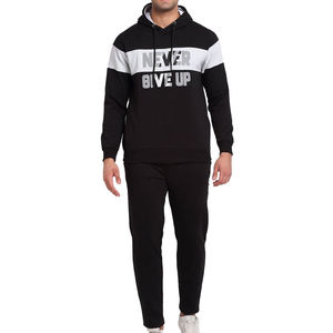 Conjunto Deportivo Negro con Capucha para Hombre, con Eslogan 'Never Give Up', Sudadera de Manga Larga y Pantalones, Material de Algodón Transpirable - Product Image 1