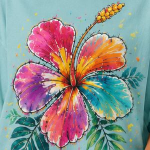 เสื้อยืดโอเวอร์ไซส์สีฟ้าสำหรับผู้หญิง พิมพ์ลายดอกชบาหลากสีสัน สไตล์ลำลอง ผ้าฝ้าย สำหรับฤดูร้อน รับผลิตแบบ OEM ODM ขายส่ง - Product Image 6