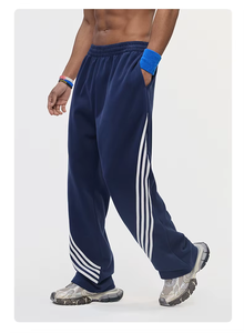 Pantalon de survêtement bleu marine pour homme avec bandes latérales blanches, taille élastique, pantalon de sport décontracté, tissu tricoté mi-lourd, vêtements d'automne - Product Image 3