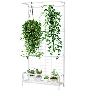 Soporte de Metal Blanco para Plantas de 36 x 12.8 x 74 Pulgadas de Alto con Enrejado y Barra para Colgar, para Interiores y Exteriores, Suministros de Jardín, Soporte para Plantas - Product Image 1