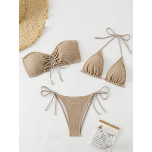 Women's Ribbed <b>Bikini</b> <b>Set</b> Bandeau Top Tie Side Bottoms Solid Color Stretch Fabric Drawstring Detail - Product Image 4