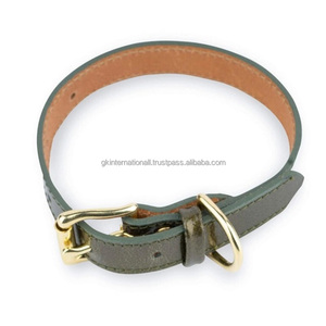 Unique Style Green Genuine Leather Dog Collar for small or medium size dogs with durable edge stitching and golden hardware - Product Image 2