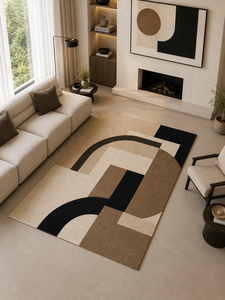 Tapis en laine tufté à la main sur mesure OEM, style Bauhaus du milieu du siècle, camel et noir, pour salon, fabriqué en Inde - Product Image 3