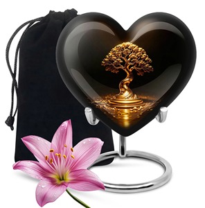 Urna Funeraria con Diseño de Árbol Dorado y Negro en Forma de Corazón, Urna Conmemorativa para Cenizas de Adultos, Excelente Calidad - Product Image 1