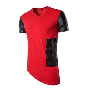 Slim Fit Muscles Fitted Bodybuilding Men Red Color T <b>Shirts</b> With Leather Sleeved Stylish Summer Cotton Wear Breathable T-<b>Shirt</b> - Product Image 1