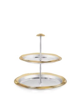 Plateau de service en métal à deux niveaux, rond, décoratif, plaqué or, design contemporain pour les occasions de mariage - Product Image 5