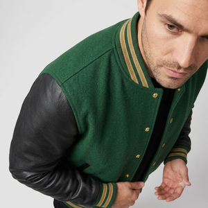 <b>Men's</b> Green Varsity <b>Jacket</b> With Black <b>Leather</b> Sleeves Button Closure Turn-down Collar Casual Fleece <b>Jacket</b> Autumn Wear - Product Image 6