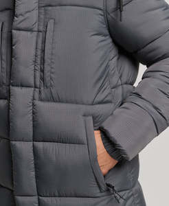 Long <b>Quilted</b> Winter Jacket With Fur Trim Hood Full Sleeves Zipper Closure Solid Color Polyester Shell Thick Warm Coat - Product Image 6
