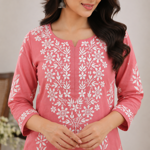 Kurti droit en coton rose corail brodé à la main style Lucknowi Chikankari - Tunique ethnique élégante pour femme - Product Image 3