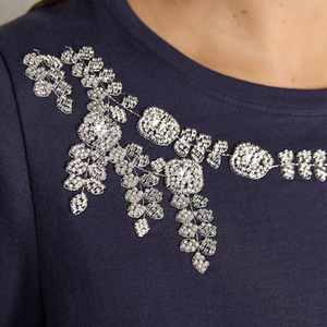 New Arrival 100% Cotton Spandex Loose Oversized Floral Beaded Embroidered Women's Blue Short Sleeve Quick Dry T-Shirts - Product Image 2