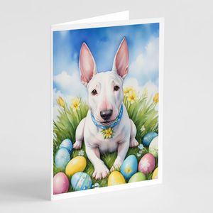Whimsical A7 Size 5x7 New English Bull Terrier <b>Easter</b> Egg Hunt Note <b>Cards</b> <b>Pack</b> 8 Blank Greeting <b>Cards</b> with Envelopes - Product Image 1