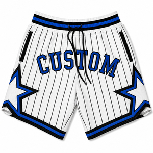 Shorts de basketball personnalisés pour hommes, rayés blancs et bleus, avec cordon de serrage à la taille, brodés, grandes tailles, vêtements de sport décontractés - Product Image 1