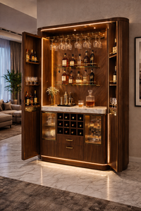 Argmac Velvet Oak Reserve Solid Wood Fluted Glass Flat Panel Doors Durable Eco-Friendly 3-Compartment Wine Cabinet <b>Lights</b> - Product Image 3