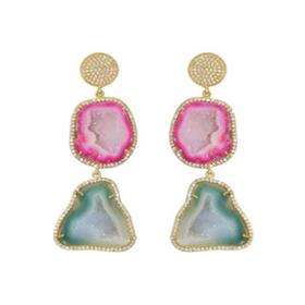 Pendientes colgantes de plata de ley 925 con geodas rosas y verde aguamarina chapadas en oro de 18 quilates, engastadas con doble punta y circonitas cúbicas. - Product Image 5