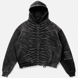 Sweat à capuche en molleton surdimensionné, personnalisé, délavé à l'acide, avec motif squelette brodé et gaufré, ourlet brut, style streetwear - Product Image 1