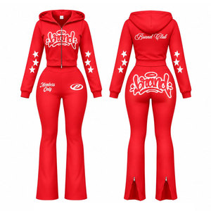 Nouveautés : Survêtement rouge à capuche pour femme, fermeture éclair intégrale, style streetwear décontracté avec poches latérales, impression par transfert thermique - Product Image 1