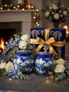 Bandeja decorativa redonda de metal azul estilo Pichhwai para servir - Product Image 2